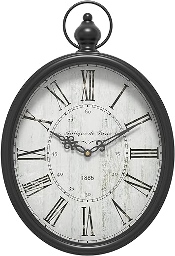 Oval Retro Wall Clock, Rustic Vintage Style, Black Antique Design, Battery Operated Silent Decor Large Wall Clocks for Kitchen,Farmhouse,Office (15.5" H x 10.5" W)