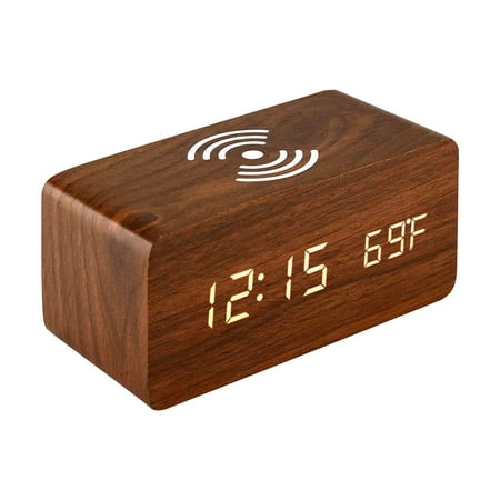 PATLOLAV Digital Alarm Clock, with Wooden Electronic LED Time Display, 3 Alarm Settings, USB Power Cord Charging, Week, Temperature , Wood Made Digital Clocks for Office, Bedroom, Bedside