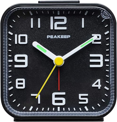 Peakeep 3D Numbers No Tick-Tock Analog Alarm Clock with Classic Beep Sound, Snooze, Manual Light and Battery Powered Small for Travel (Black-3D)