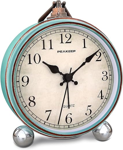 Peakeep 4" Small Battery Operated Antique Retro Analog Alarm Clock for Room Decor, Silent Elegant Bedside Desk Table Gift Clock