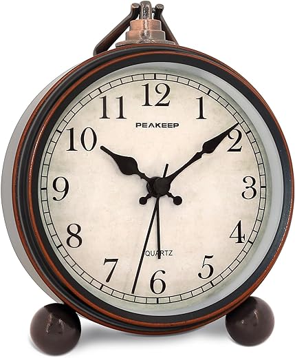 Peakeep 4 Small Battery Operated Antique Retro Analog Alarm Clock with Contour Lines in Gold for Room Decors, Silent Elegant Bedside Desk Gift Clock