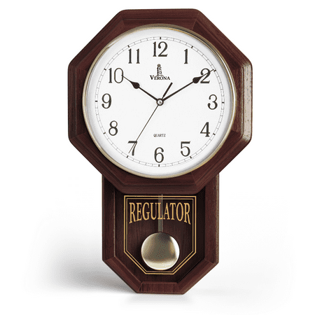 Pendulum Wall Clock - Decorative Wood Wall Clock with Pendulum - Schoolhouse Clock Regulator Design, Battery Operated & Silent, Wooden Pendulum Clock 18x11