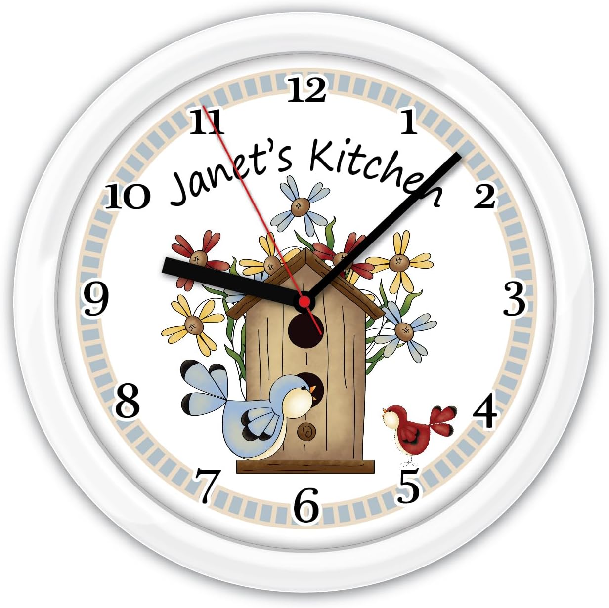 Personalized Country Birdhouse Wall Clock - Kitchen Gift, Decor, Black or White Frame