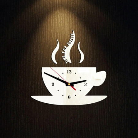 piaybook Wall Clock Coffee Shape Removable Diy Acrylic 3D Mirror Wall Sticker Decorative Clock Battery Operated Clock Themed Clock for Kitchen Home Office Living Room Bedroom Decor