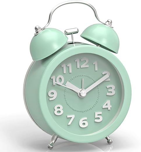 PILIFE Twin Bell Alarm Clock Loud Alarm Clock for Heavy Sleepers Bedrooms, Analog Alarm Clock, Small Alarm Clock, Retro Design for Kids, Battary Operation, 3 inch, Mint Green