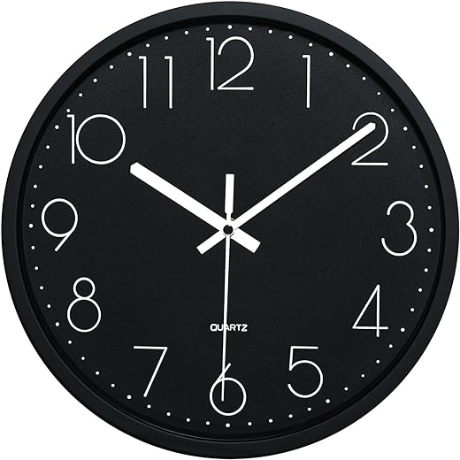 Plumeet Black Wall Clock Non Ticking Silent Quartz Round Clock Decorate Bedroom Home Kitchen Office - Battery Operated (Black)