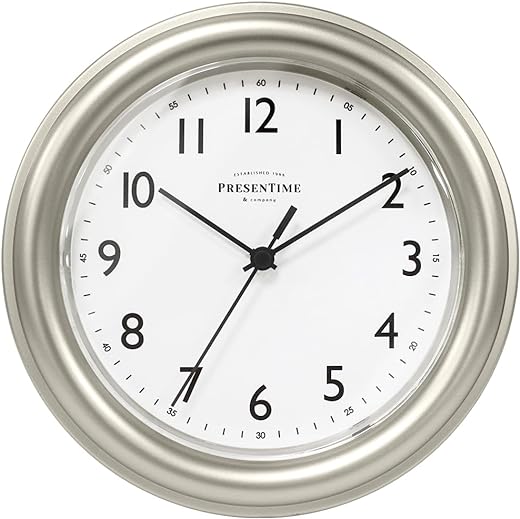 Presentime & Co. 8.5" Modern Farmhouse Essential Wall Clock, Silent Non Ticking, Morning Silver Color. (Wall Clock for Office, Home, Bathroom, Kitchen, Bedroom, and School)