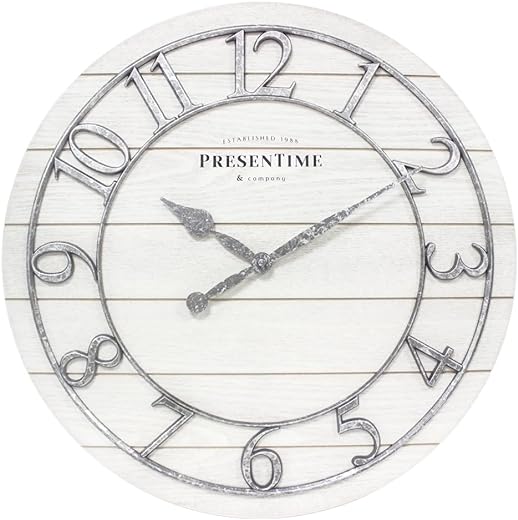 Presentime & Co Classic Farmhouse Shiplap Clock, 19.5 inch, Galvanized Finish Arabic Numerals with White Shiplap Style. Large Farmhouse Decor for Living Room, Entryway, Home Office. Wall Décor