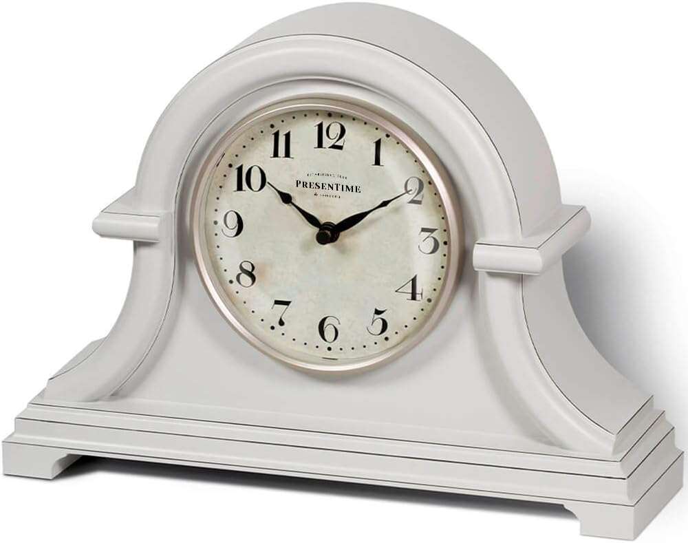 Presentime & Co. Vintage Farmhouse Mantel Clock Series, Napoleon Desk & Shelf Clock, 13 x 10 inch, Domed Lens, Quartz Movement, Gray Cream Finish (Home Decoration/Tabletop Decoration)