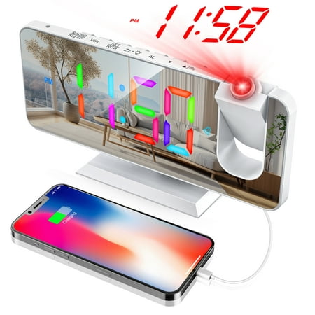 Projection Alarm Clock for Bedroom, 11 Colors RGB Digital Alarm Clock with 180°Projector & USB Charger, Dual Alarm w/ Snooze, 6 Dimmer & 12/24H, 7.3'' Large LED Mirror Display for Bedroom Decor