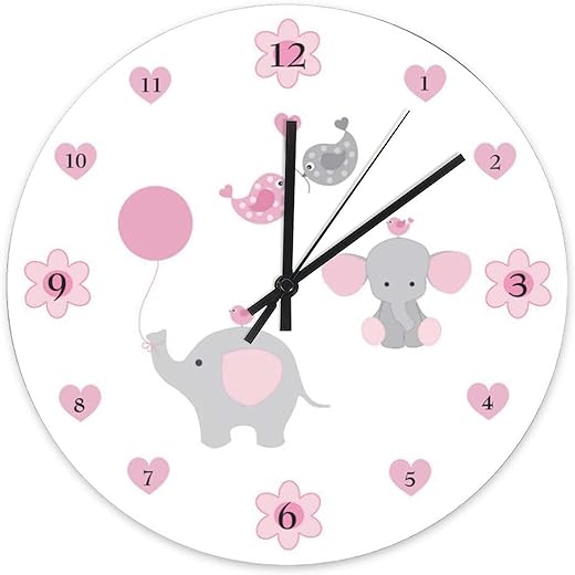 PVC Clock Elephant Pink Grey Gray Baby Girl Nursery Square PVC Wall Clock 12 Inch