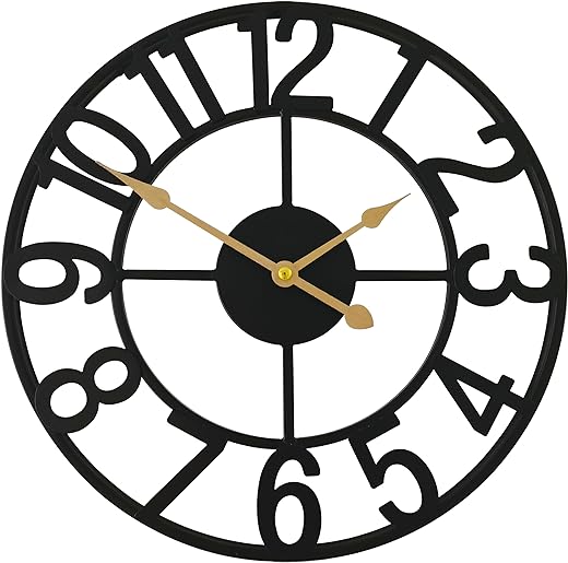 Qukueoy 14 Inch Metal Modern Farmhouse Clock with Simple Big Arabic Numerals, Silent Decorative Wall Clocks for Living Room,Kitchen,Bedroom,Office,Battery Operated(Black)