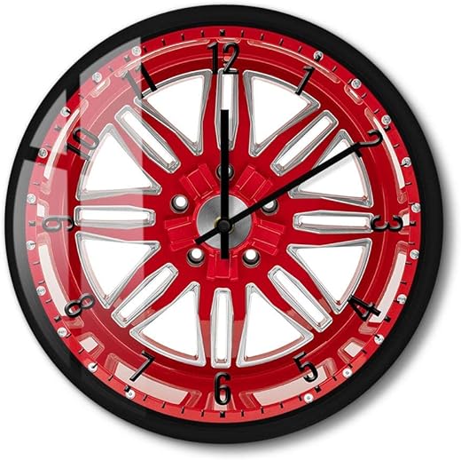 Red Car Wheel Mechanic Metal Frame Wall Clock, Silent Quartz Battery Operated Modern Design Garage Car Tire Decorative Wall Watch with Metal Frame Auto Repair Tire Shop Artwork Timepieces