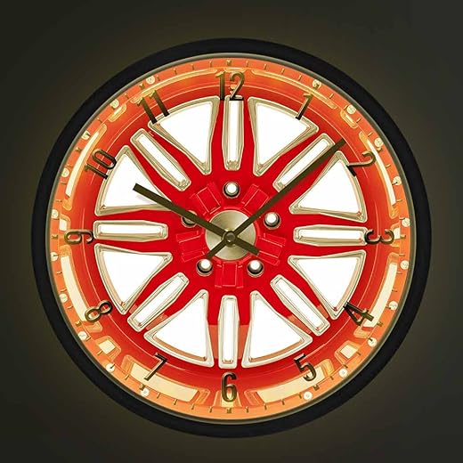 Red Car Wheel Mechanic Wall Clock with Voice Control LED Night Light,Garage Car Tire Silent Quartz Wall Watch Auto Repair Tire Shop Artwork Timepieces