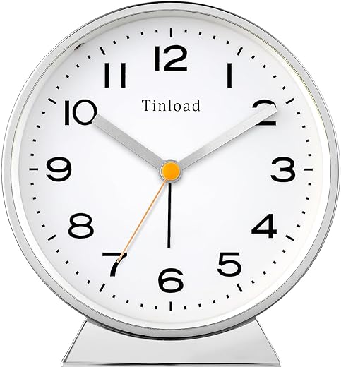 Retro Analog Alarm Clock, Small Silver(4.5x4.5 inches), Battery Operated, Antique Design, Night Light, Snooze, for Living Room, Bedroom, Bedside, Desk