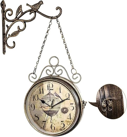 Retro Rust Wall Clock 20th Century 8" Non Ticking Large Iron Antique Hanging Clocks Double Sided Vintage Two Faces Innovative Classic, Silent Quartz Round Clock for Office Bedroom Living Room Decor