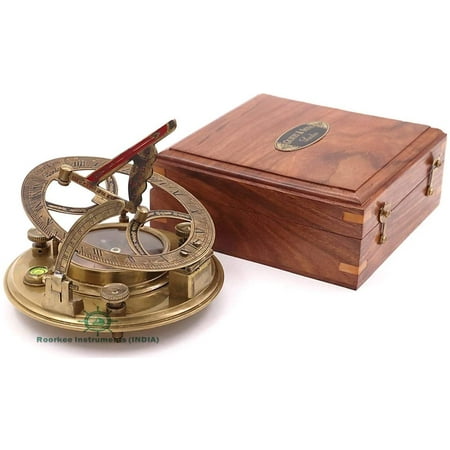 Rii Brand Antique Color Brass Magnetic Sundial Clock & Compass with Wooden Box