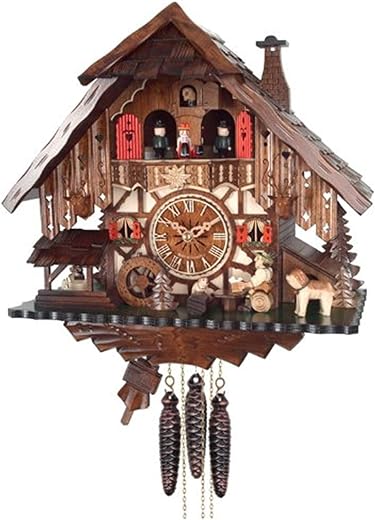 River City Clocks One Day Musical Cuckoo Clock Cottage with Beer Drinker, Waterwheel and Dancers