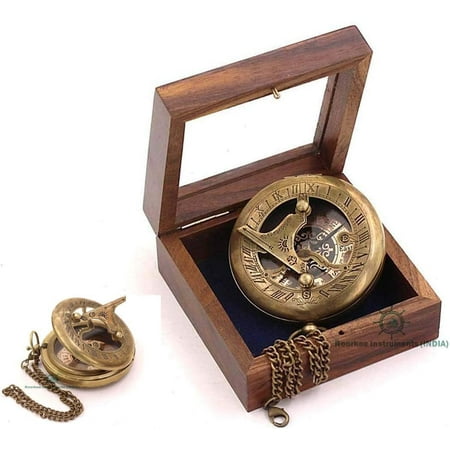 Roorkee Instruments Antique Nautical Vintage Directional Magnetic Sundial Clock Pocket Marine Compass Essential Baptism Gifts with Wooden Display Case for Loved Ones, Son, Partner, Spouse, Fiancé 4…