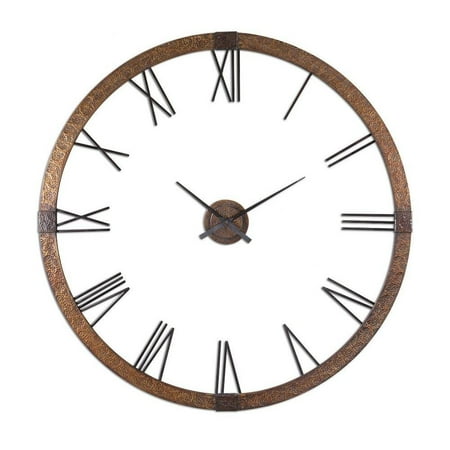 Rustic Round Large Wall Clock with Hammered Copper Sheeting and Black Roman Numerals Hands That Are Separate From Frame Bailey Street Home