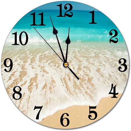 Sea Beach Wall Clock Battery Operated Silent Non Ticking Round Clock Summer Ocean Theme Wall Decor for Home, Office, School 9.8 Inch