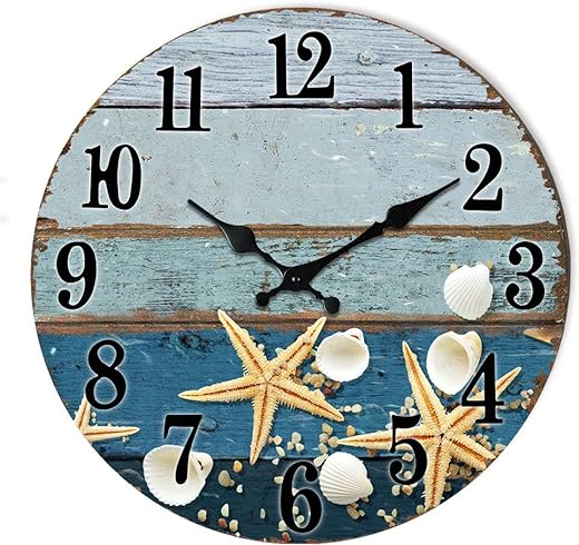 Seashell Wall Clock, 12 inches, Silent Non-Ticking Quartz Mechanism, Easy to Read, Lightweight Wooden Beach Theme