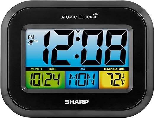 Sharp Atomic Alarm Clock with Calendar and Indoor Temperature Display, 5 H x 1 W x 6-1/2D, Black