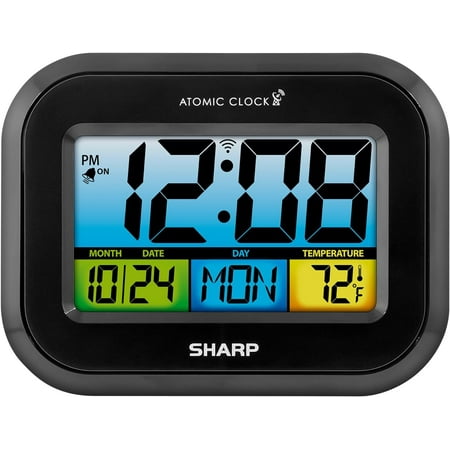 SHARP Atomic Digital Alarm Clock, Battery Operated Self-Setting Digital Wall or Desk Clock, Easy to Read Color Display Nightlight with Indoor Temperature and Calendar