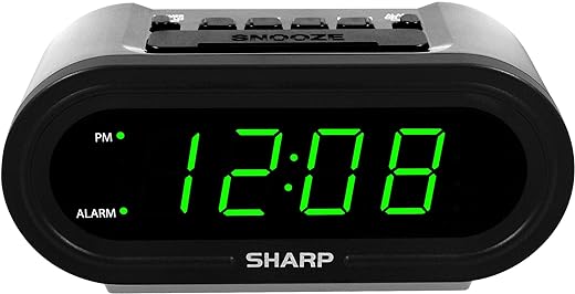 Sharp Digital Alarm with AccuSet - Automatic Smart Clock, Never Needs Setting - Great for Seniors, Kids, and Everyone who Doesn't Want to Set a Clock! Silver Case with Green LEDs