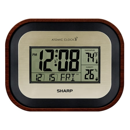 Sharp Digital Wall Clock, Self-Setting Atomic Desk Clock Woodgrain Finish