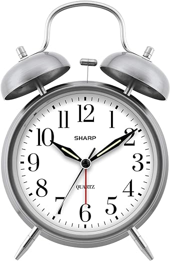 Sharp Twin Bell Alarm Clock - Loud Alarm - Great for Heavy Sleepers - Battery Operated Quartz Analog Clock (Brushed Silver)