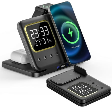 SIKAI CASE Alarm Clock Wireless Charger Station for Apple,Temperature/Humidity Display 3 in1 Foldable Wireless Charger for iPhone 15/14/13/12 iWatch Ultra/8/7/6/5,AirPods 3/2/Pro