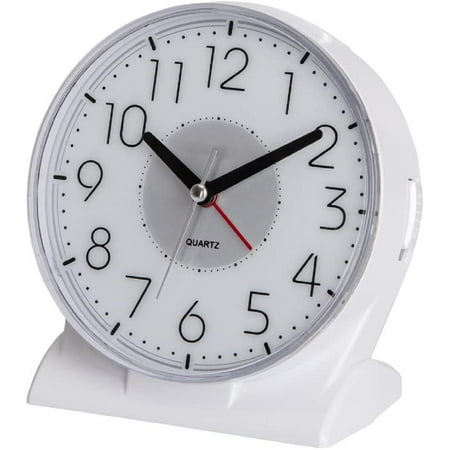 Silent No Ticking Analog Alarm Clock,Readable for Seniors Vision Impaired,Easy to Set,On/Off Switch on Side,Big Snooze Bar,Crescendo Alarm,Gentle Wake,Led Light,AA Battery Operated,White