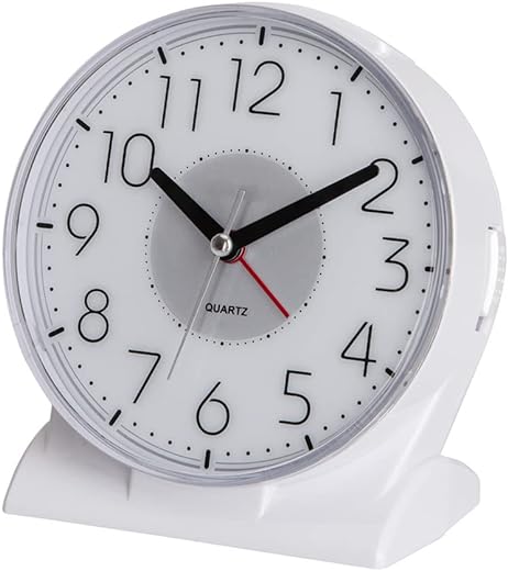 Silent No Ticking Analog Alarm Clock,Readable for Seniors Vision Impaired,Easy to Set,Snooze,Crescendo Alarm,Led Light,AA Battery Operated,White