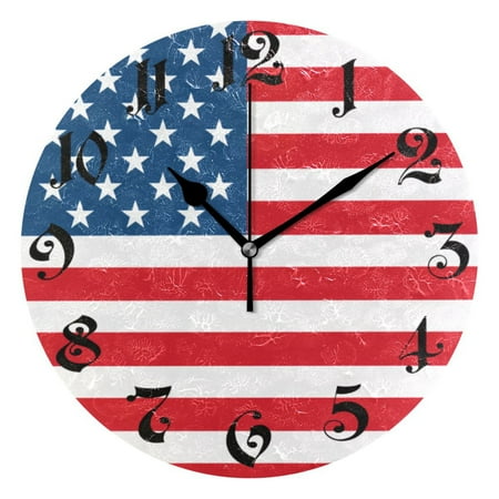 Silent Wall Clock American Flag Red 10 Non-Ticking Battery Clock Rustic Retro Home Decorative for Living Room Kitchen Bathroom