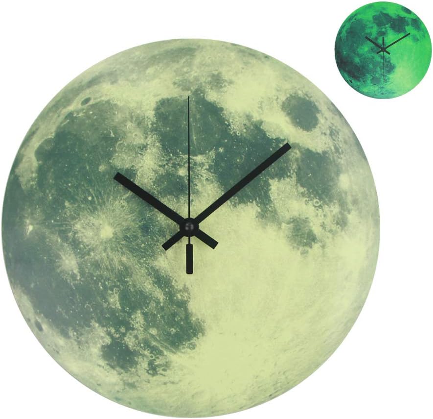 Silent Wall Clocks Battery Operated Non Ticking Luminous Clocks 12”Round Moon Surface Quartz Clocks for Living Room Bedroom Home Decorative Modern Clock Glowing in The Dark