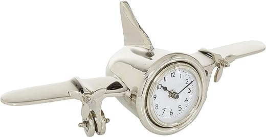 Silver Airplane Table Clock 15.75 X 6 16 X 6