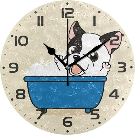 SKYSONIC French Bulldog in Bathtub Wall Clock 10 Inch Silent Non Ticking Round Clock Oil Painting Clock Easy to Read Clock for Living Room Bedroom Bathroom Home Decor