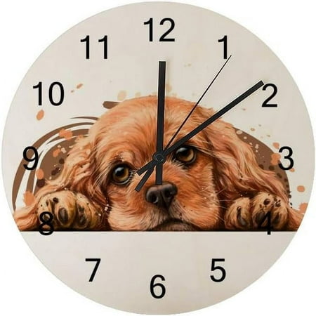 SKYSONIC Silent Wooden Round Wall Clock American Cocker Spaniel Non Ticking Battery Operated Clocks for Home Office Living Room Bedroom