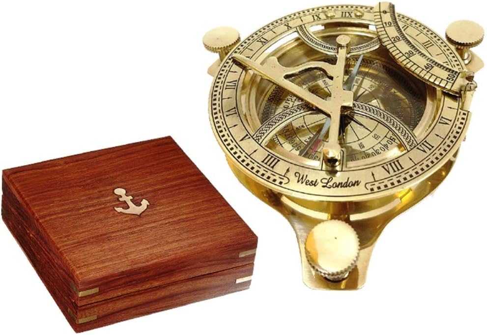 Solid Brass 4 Sundial Compass - with Wooden Box Rustic Vintage Home Decor Gifts