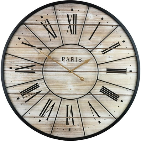 Sorbus Paris Oversized Wall Clock, Centurion Roman Numeral Hands, Parisian French Country Rustic Large Decorative Modern Farmhouse Decor Ideal for Living Room, Analog Wood Metal Clock, 24” Round