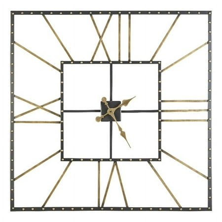 Square Open Frame Metal Wall Clock with Roman Numerals Black and Gold