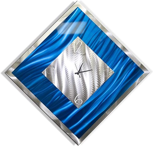 Statements2000 Square Blue & Silver Abstract Metal Wall Clock - Metallic Functional Metal Wall Art Accent Time-Keeper - Blue Ice by Jon Allen - 24 inch