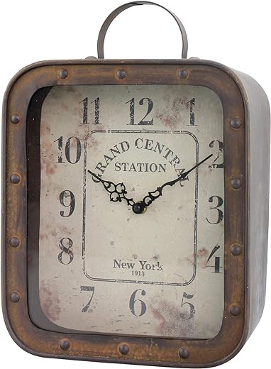 Stonebriar Large Square Rustic Metal Table Top Clock with Handle and Rivet Detail, Industrial Home Decor Accents for the Mantel, Shelf, Desk, or Any Table Top, Battery Operated