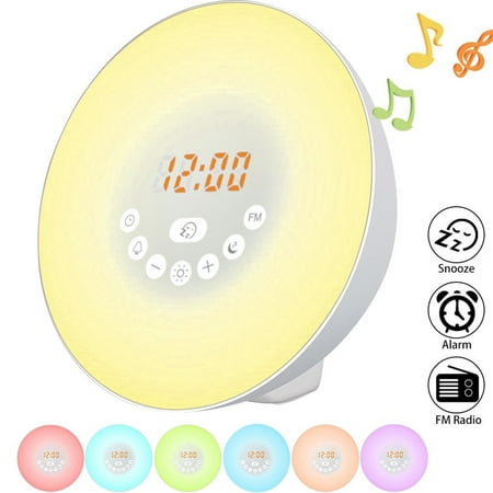 Sunrise Alarm Clock, Smart Wake up 7 Colored Led Lights Sleep Aid Digital Alarm Clock with Sunset Simulation and FM Radio Clock