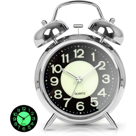 Super Loud Alarm Clock for Heavy Sleepers, 4 inches Twin Bell Alarm Clock with Backlight, Silent Non-Ticking & Luminous dial, Digital Alarm Clocks for Kids, Adults, Bedrooms (Silver)