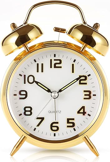 Super Loud Alarm Clock for Heavy Sleepers,4 inches Twin Bell Alarm Clock with Backlight,Battery Operated,Silent Non Ticking,for Kids,Adults,Bedrooms,Retro Decor Desk Analog Clocks. (Golden)