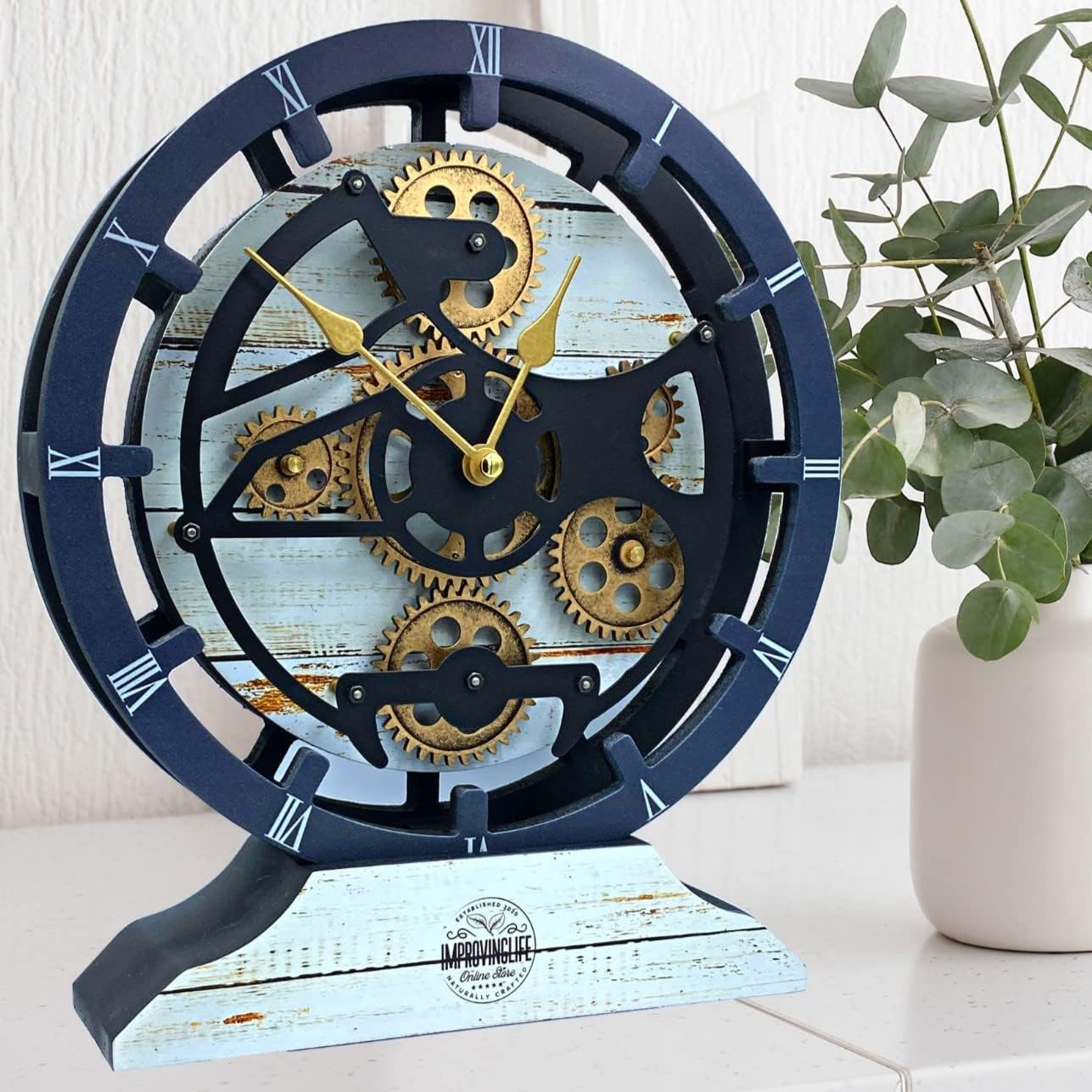 The Gears Clock Desk Clock 10 inches with Real Moving Gears Convertible into Wall Clock (Desert Beige)