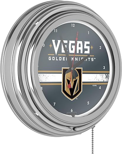 Trademark Global Neon Wall Clock-Vegas Golden Knights Double Rung Analog Clock with Pull Chain-Pub, Garage, or Man Cave Accessories (White)