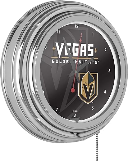 Trademark Global Neon Wall Clock-Vegas Golden Knights Watermark Double Rung Analog Clock with Pull Chain-Pub, Garage, or Man Cave Accessories (White)